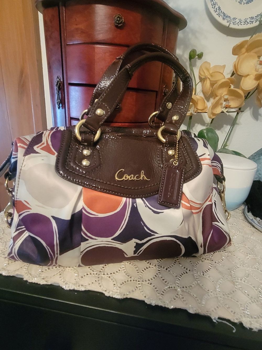 Coach Brown Leather Trim Satchel with Purple and Orange Circle Print